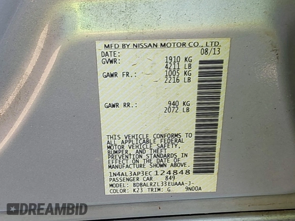 2014 Nissan Altima 2.5 S with VIN 1N4AL3AP3EC124848, listed as a IAAI auction lot 41406330 with 205,110 mi miles. Bid and sale history available at carsss.com. Image 9.