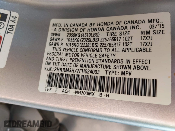 2015 Honda CR-V EX-L with VIN 2HKRM3H77FH524093, listed as a IAAI auction lot 41912203 with 157,328 mi miles. Bid and sale history available at carsss.com. Image 9.