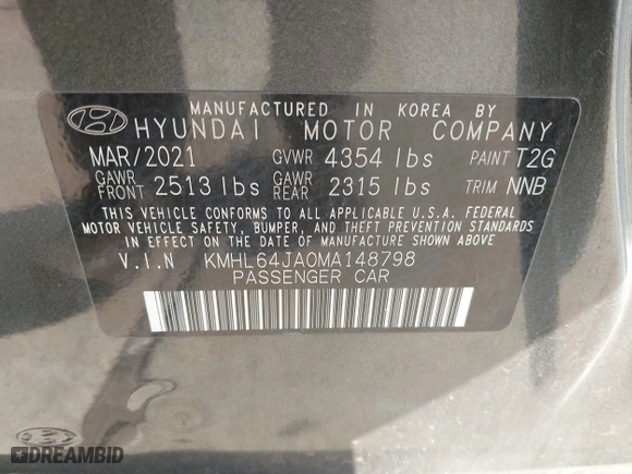 2021 Hyundai Sonata SEL with VIN KMHL64JA0MA148798, listed as a IAAI auction lot 40905753 with 1 mi miles. Bid and sale history available at carsss.com. Image 9.