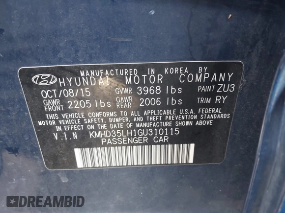 2016 Hyundai Elantra with VIN KMHD35LH1GU310115, listed as a IAAI auction lot 42194903 with 134,969 mi miles and . Bid and sale history available at DreamBid. Image 9.
