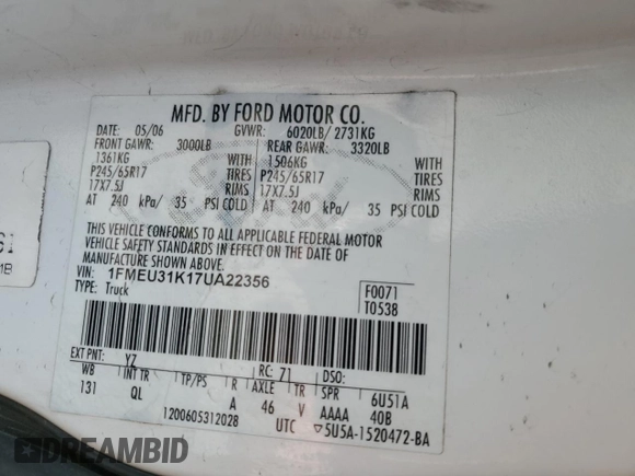 2007 Ford Explorer Sport Trac XLT with VIN 1FMEU31K17UA22356, listed as a Copart auction lot 59568065 with 148,412 mi miles and Salvage title. Bid and sale history available at DreamBid. Image 13.