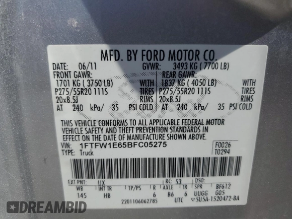 2011 Ford F-150 Lariat with VIN 1FTFW1E65BFC05275, listed as a Copart auction lot 58906624 with 207,488 mi miles and Clean Title. Bid and sale history available at carsss.com. Image 12.