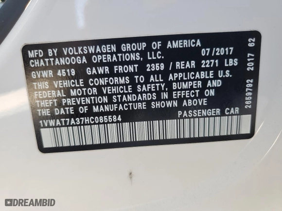 2017 Volkswagen Passat 1.8T S with VIN 1VWAT7A37HC085584, listed as a Copart auction lot 50938915 with 96,108 mi miles and Salvage Title. Bid and sale history available at carsss.com. Image 13.