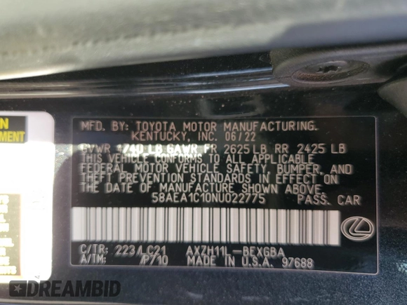 2022 Lexus ES 300h Luxury with VIN 58AEA1C10NU022775, listed as a Copart auction lot 69847544 with 14,958 mi miles and Salvage title. Bid and sale history available at DreamBid. Image 12.