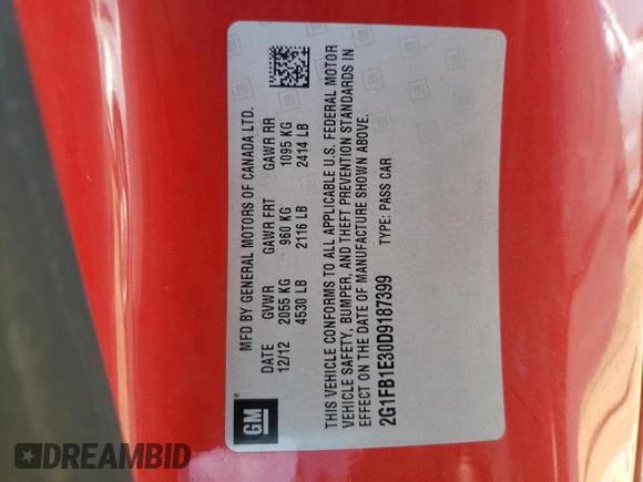 2013 Chevrolet Camaro LT с VIN 2G1FB1E30D9187399, выставлен на аукционе Copart как лот 54479952 с пробегом Не указан миль и Списание • Salvage title. История ставок и продаж доступна на DreamBid. Изображение 10.
