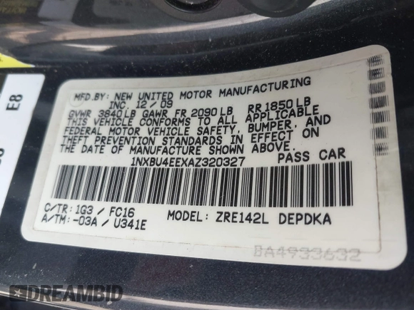 2010 Toyota Corolla z VIN 1NXBU4EEXAZ320327, wystawiony jako IAAI lot #41898009 z przebiegiem 180 170 mil mil oraz . Historia ofert i sprzedaży dostępna na DreamBid. Obrazek 9.