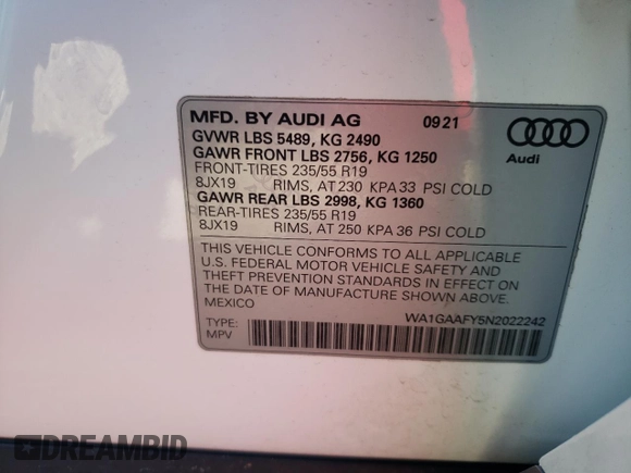 2022 Audi Q5 S line Premium with VIN WA1GAAFY5N2022242, listed as a Copart auction lot 37455483 with 9,451 mi miles. Bid and sale history available at carsss.com. Image 13.