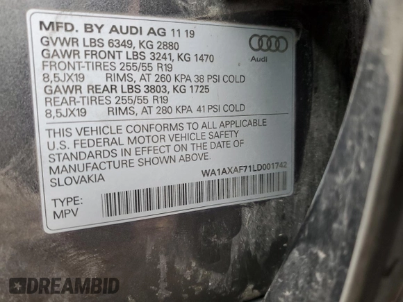 2020 Audi Q7 Premium with VIN WA1AXAF71LD001742, listed as a Copart auction lot 71186783 with 45,838 mi miles. Bid and sale history available at carsss.com. Image 13.