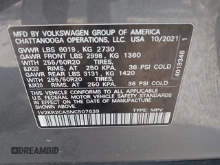 2022 Volkswagen Atlas 3.6L V6 SE w/Technology with VIN 1V2KR2CA5NC507639, listed as a IAAI auction lot 41704779 with 101,267 mi miles. Bid and sale history available at carsss.com. Image 9.