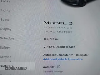 2018 Tesla Model 3 Long Range Battery with VIN 5YJ3E1EB1JF149423, listed as a IAAI auction lot 41896090 with 158,787 mi miles and . Bid and sale history available at DreamBid. Image 7.