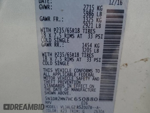2017 Nissan Pathfinder SL with VIN 5N1DR2MN7HC650880, listed as a Copart auction lot 56006025 with 74,945 mi miles and Salvage title. Bid and sale history available at DreamBid. Image 13.