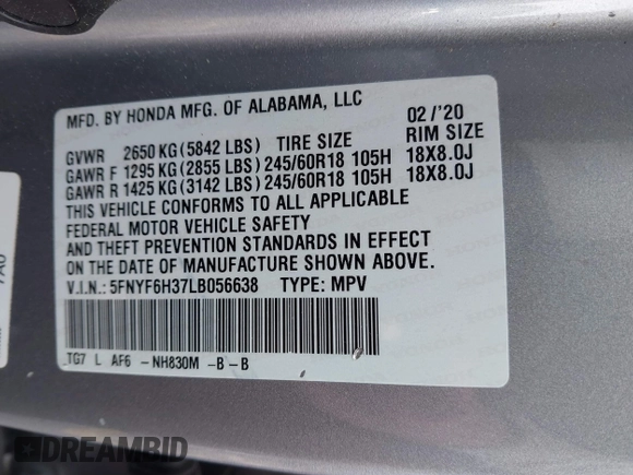 2020 Honda Pilot EX z VIN 5FNYF6H37LB056638, wystawiony jako IAAI lot #41277619 z przebiegiem 62 213 mil mil oraz . Historia ofert i sprzedaży dostępna na DreamBid. Obrazek 9.