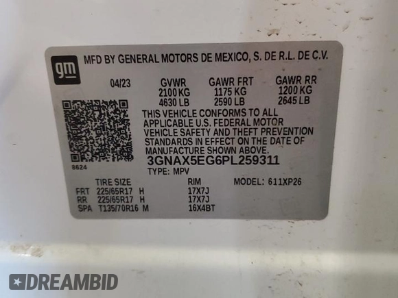 2023 Chevrolet Equinox LS with VIN 3GNAX5EG6PL259311, listed as a Copart auction lot 56166545 with 48,928 mi miles and Salvage title. Bid and sale history available at DreamBid. Image 13.