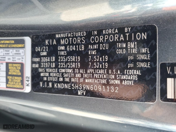 2022 Kia Carnival SX with VIN KNDNE5H39N6091132, listed as a Copart auction lot 70006644 with 63,958 mi miles and Salvage Title. Bid and sale history available at carsss.com. Image 14.
