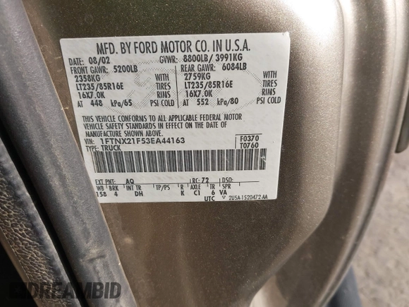 2003 Ford F-250 XL с VIN 1FTNX21F53EA44163, выставлен на аукционе IAAI как лот 41989527 с пробегом 233 059 миль миль и . История ставок и продаж доступна на DreamBid. Изображение 9.