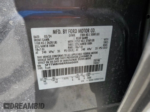 2024 Ford Maverick XLT with VIN 3FTTW8H98RRA60005, listed as a Copart auction lot 48523145 with 18,216 mi miles and Salvage Title. Bid and sale history available at carsss.com. Image 12.
