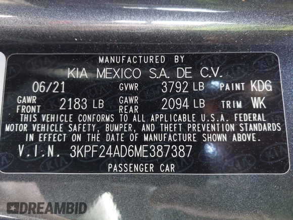 2021 Kia Forte FE with VIN 3KPF24AD6ME387387, listed as a IAAI auction lot 42034607 with 28,554 mi miles and . Bid and sale history available at carsss.com. Image 9.