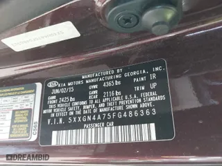 2015 Kia Optima EX with VIN 5XXGN4A75FG486363, listed as a IAAI auction lot 41691239 with 108,629 mi miles. Bid and sale history available at carsss.com. Image 9.