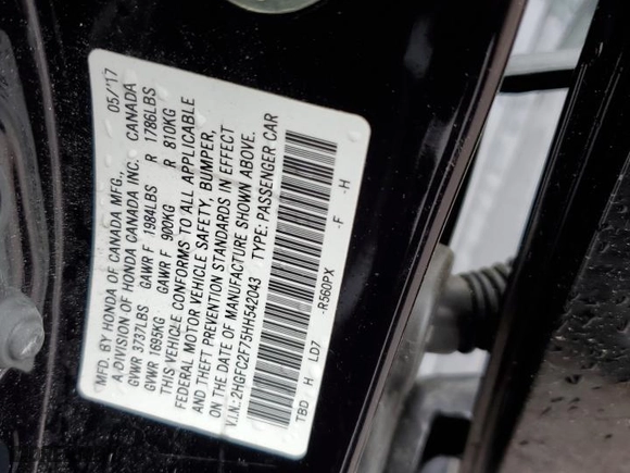 2017 Honda Civic Sedan EX with VIN 2HGFC2F75HH542043, listed as a Copart auction lot 50417125 with 57,246 mi miles and Salvage Title. Bid and sale history available at carsss.com. Image 13.