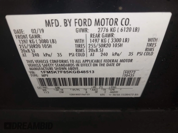 2019 Ford Explorer Limited с VIN 1FM5K7F85KGB48513, выставлен на аукционе IAAI как лот 42479609 с пробегом 57 314 миль миль и . История ставок и продаж доступна на DreamBid. Изображение 9.