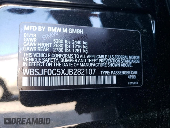 2018 BMW M5 z VIN WBSJF0C5XJB282107, wystawiony jako Copart lot #49979943 z przebiegiem 55 243 mil mil oraz . Historia ofert i sprzedaży dostępna na DreamBid. Obrazek 12.
