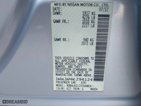 2017 Nissan Altima 2.5 SR with VIN 1N4AL3AP4HC294124, listed as a IAAI auction lot 41539898 with 140,170 mi miles. Bid and sale history available at carsss.com. Image 9.