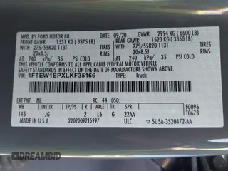 2020 Ford F-150 XL with VIN 1FTEW1EPXLKF35166, listed as a IAAI auction lot 42092775 with 110,536 mi miles and . Bid and sale history available at DreamBid. Image 9.