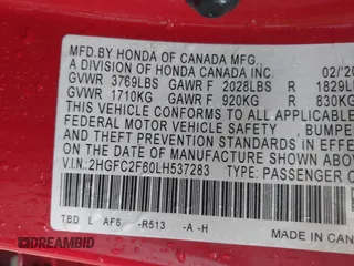 2020 Honda Civic LX with VIN 2HGFC2F60LH537283, listed as a IAAI auction lot 42200465 with 86,191 mi miles and . Bid and sale history available at DreamBid. Image 9.