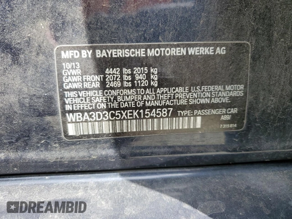 2014 BMW 3 Series 328d with VIN WBA3D3C5XEK154587, listed as a Copart auction lot 55257685 with 123,593 mi miles and Clean title. Bid and sale history available at DreamBid. Image 12.