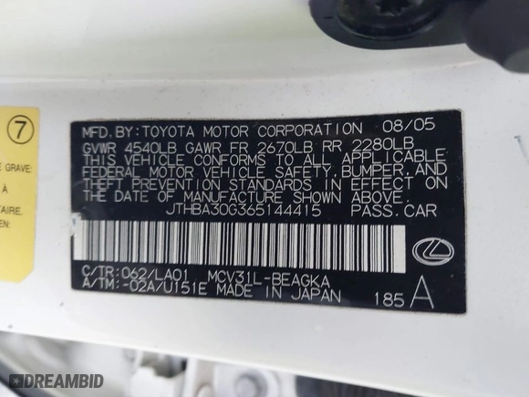2006 Lexus ES 330 with VIN JTHBA30G365144415, listed as a IAAI auction lot 41483660 with 274,721 mi miles. Bid and sale history available at carsss.com. Image 9.