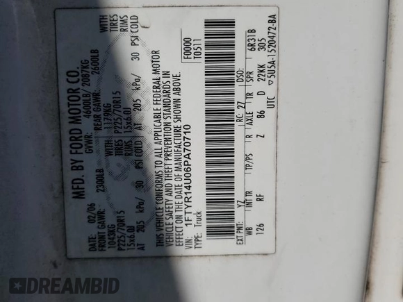 2006 Ford Ranger XL z VIN 1FTYR14U06PA70710, wystawiony jako Copart lot #53641585 z przebiegiem Nie podano mil oraz Szkoda całkowita • Salvage title. Historia ofert i sprzedaży dostępna na DreamBid. Obrazek 12.