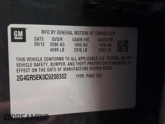 2012 Buick Regal with VIN 2G4GR5EK0C9208302, listed as a Copart auction lot 45294495 with 201,083 mi miles and Salvage Title. Bid and sale history available at carsss.com. Image 13.