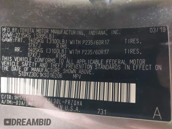 2019 Toyota Sienna XLE Auto Access Seat с VIN 5TDYZ3DC1KS016206, выставлен на аукционе IAAI как лот 41828171 с пробегом 114 048 миль миль и . История ставок и продаж доступна на DreamBid. Изображение 9.