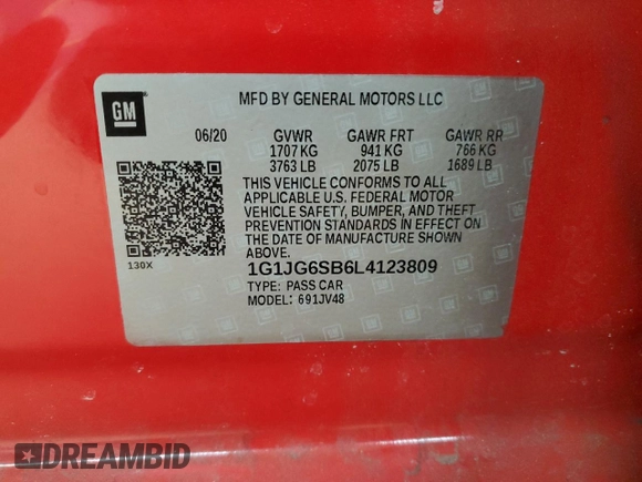2020 Chevrolet Sonic LT z VIN 1G1JG6SB6L4123809, wystawiony jako Copart lot #42010805 z przebiegiem 40 249 mil mil oraz Szkody całkowita. Historia ofert i sprzedaży dostępna na DreamBid. Obrazek 12.