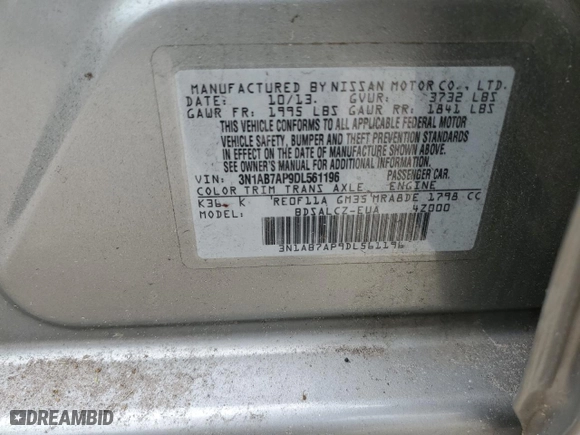 2013 Nissan Sentra SR with VIN 3N1AB7AP9DL561196, listed as a Copart auction lot 52238015 with 0 mi miles and Clean Title. Bid and sale history available at carsss.com. Image 12.