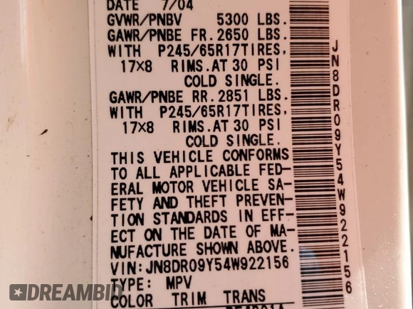 2004 Nissan Pathfinder SE with VIN JN8DR09Y54W922156, listed as a Copart auction lot 51981405 with 154,560 mi miles and Salvage title. Bid and sale history available at DreamBid. Image 13.