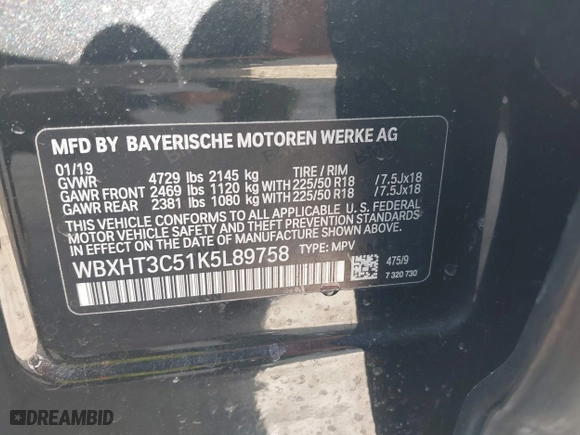 2019 BMW X1 xDrive28i with VIN WBXHT3C51K5L89758, listed as a IAAI auction lot 41535652 with 96,612 mi miles. Bid and sale history available at carsss.com. Image 9.