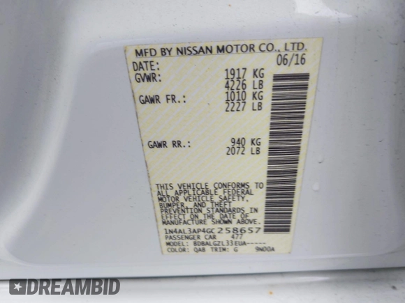 2016 Nissan Altima SR with VIN 1N4AL3AP4GC258657, listed as a IAAI auction lot 41975494 with 99,666 mi miles and . Bid and sale history available at carsss.com. Image 9.