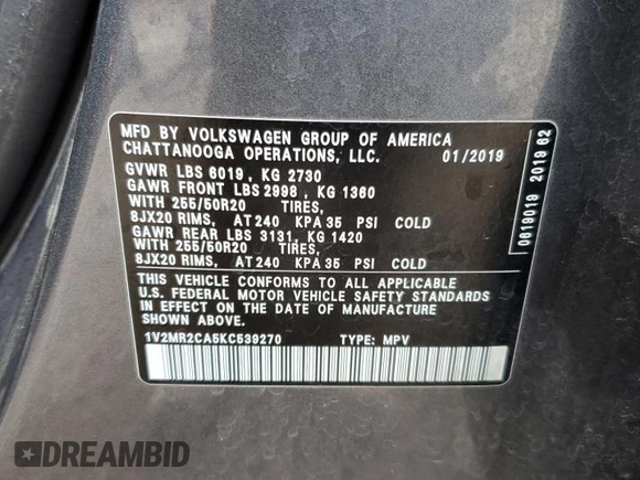 2019 Volkswagen Atlas SEL with VIN 1V2MR2CA5KC539270, listed as a Copart auction lot 53301005 with 111,245 mi miles and Salvage title. Bid and sale history available at DreamBid. Image 13.