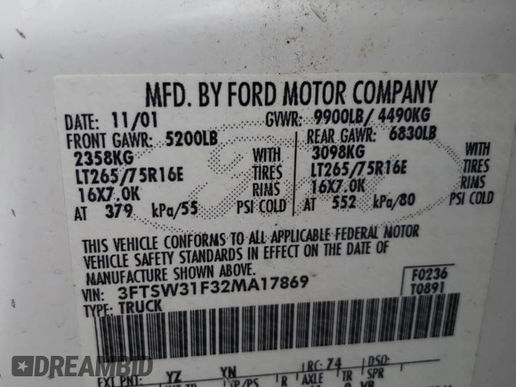 2002 Ford F-350 XL with VIN 3FTSW31F32MA17869, listed as a Copart auction lot 71828914 with 230,191 mi miles and Salvage Title. Bid and sale history available at DreamBid. Image 12.