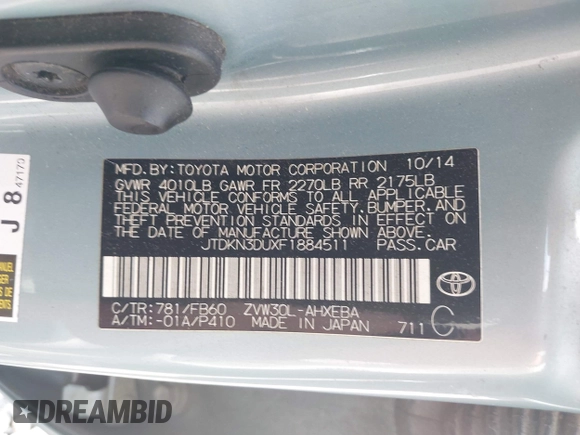 2015 Toyota Prius Four with VIN JTDKN3DUXF1884511, listed as a IAAI auction lot 42145642 with 227,587 mi miles. Bid and sale history available at carsss.com. Image 9.