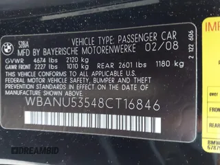 2008 BMW 5 Series 528i with VIN WBANU53548CT16846, listed as a IAAI auction lot 41786109 with Not Provided miles and . Bid and sale history available at carsss.com. Image 9.