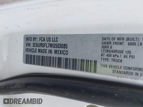 2021 Ram 2500 Laramie with VIN 3C6UR5FL7MG503085, listed as a IAAI auction lot 41937415 with 71,076 mi miles and . Bid and sale history available at DreamBid. Image 9.