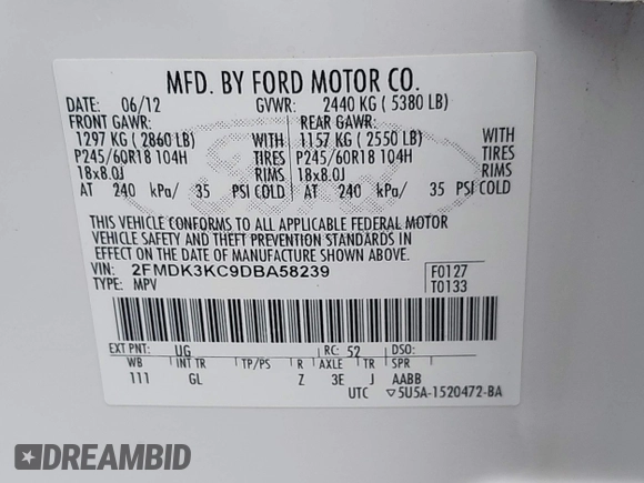 2013 Ford Edge Limited z VIN 2FMDK3KC9DBA58239, wystawiony jako IAAI lot #42376131 z przebiegiem 133 680 mil mil oraz . Historia ofert i sprzedaży dostępna na DreamBid. Obrazek 9.