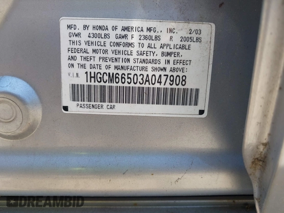2003 Honda Accord EX with VIN 1HGCM66503A047908, listed as a IAAI auction lot 42556478 with 140,268 mi miles and . Bid and sale history available at DreamBid. Image 9.