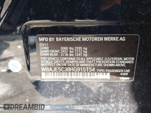 2017 BMW 5 Series 540i with VIN WBAJE5C38HG915154, listed as a IAAI auction lot 41572287 with 87,549 mi miles and . Bid and sale history available at carsss.com. Image 9.