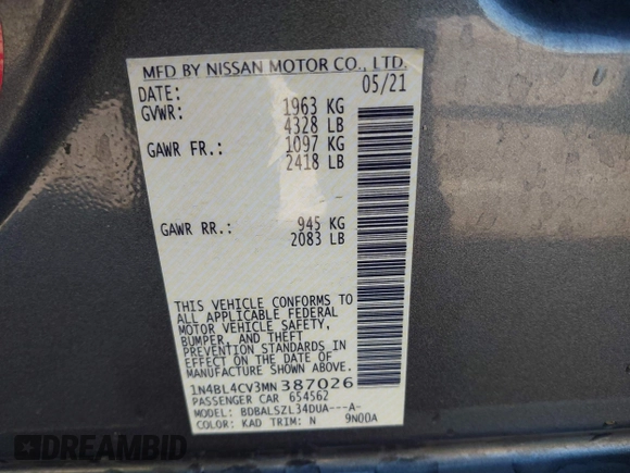2021 Nissan Altima 2.5 SR with VIN 1N4BL4CV3MN387026, listed as a IAAI auction lot 41609914 with 75,981 mi miles. Bid and sale history available at carsss.com. Image 9.