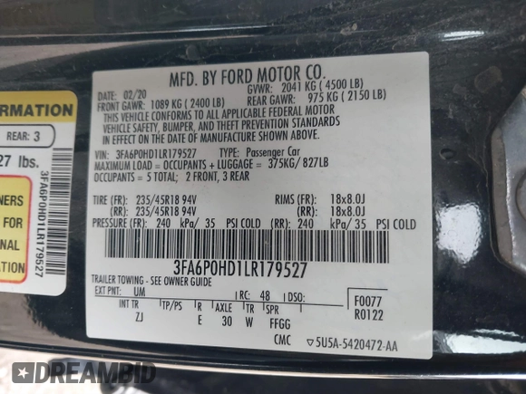 2020 Ford Fusion SE with VIN 3FA6P0HD1LR179527, listed as a IAAI auction lot 39131081 with 108,022 mi miles and . Bid and sale history available at DreamBid. Image 9.