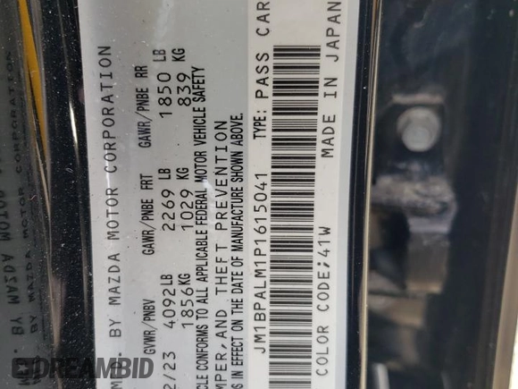 2023 Mazda 3 S Preferred with VIN JM1BPALM1P1615041, listed as a Copart auction lot 87801335 with 19,903 mi miles and Salvage title. Bid and sale history available at DreamBid. Image 12.