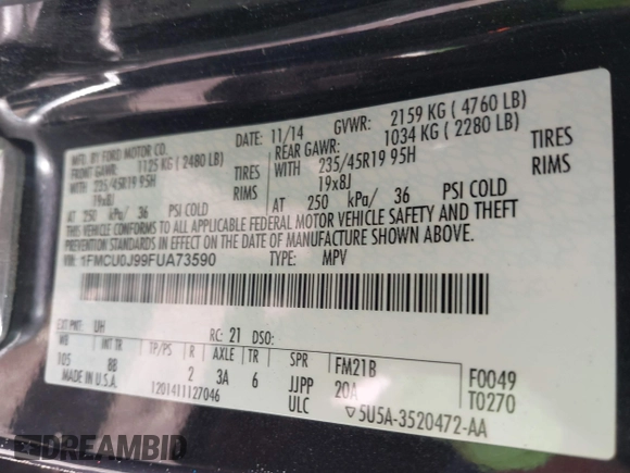 2015 Ford Escape Titanium с VIN 1FMCU0J99FUA73590, выставлен на аукционе IAAI как лот 42152021 с пробегом Не указан миль и . История ставок и продаж доступна на DreamBid. Изображение 9.